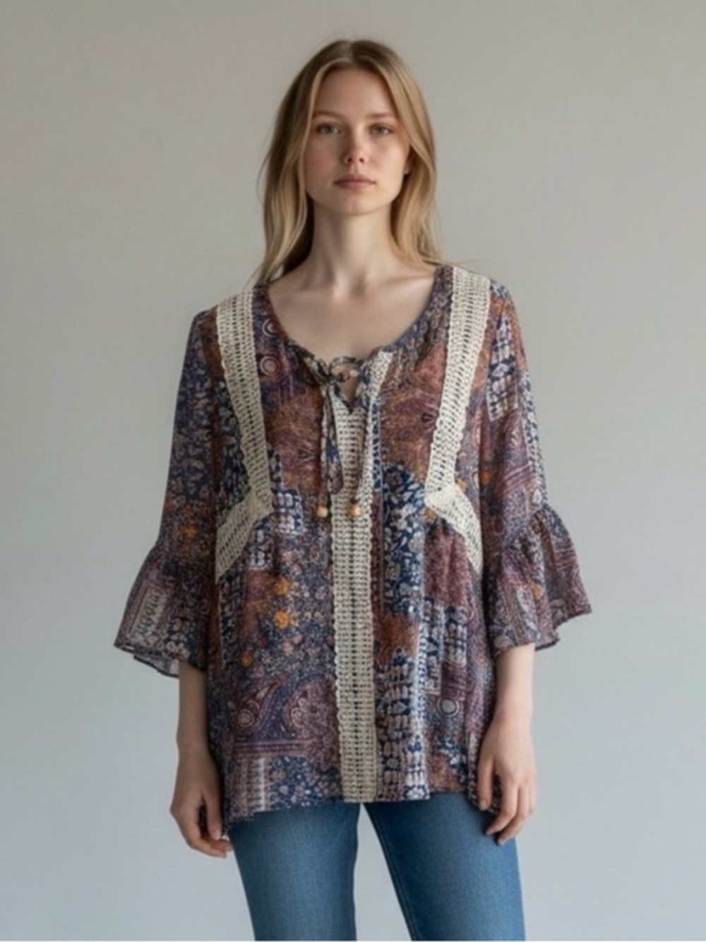 🫶🏻 Artesia Boho Lace-Trim Paisley Peasant Top - Blue & Brown